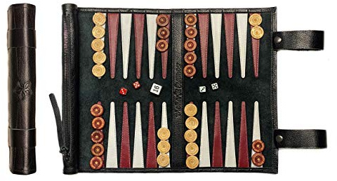 Melia Games Backgammon - Set de Voyage - Cuir Véritable Nubuck - Pions en Buis Fait Main - Couleur: Black