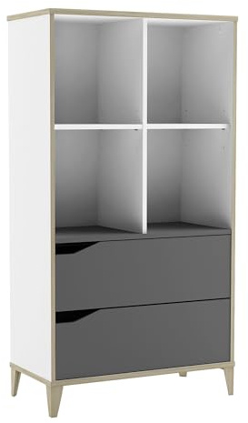 Bibliothèque Genius : Meuble de Rangement Chambre Enfant – Etagère avec 2 Tiroirs et 4 Niches pour le Rangement de Jouet & Livre