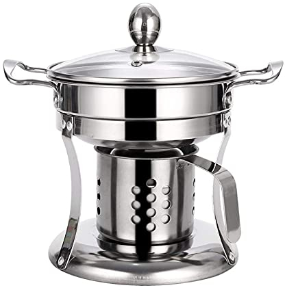 ksamwjf Mini Olla Caliente, Acero Inoxidable con Tapa de Vidrio, Plato de frotamiento, Mini Olla para una Sola porción, Olla de Gel para cocinar, Utensilios de Cocina para Combustible