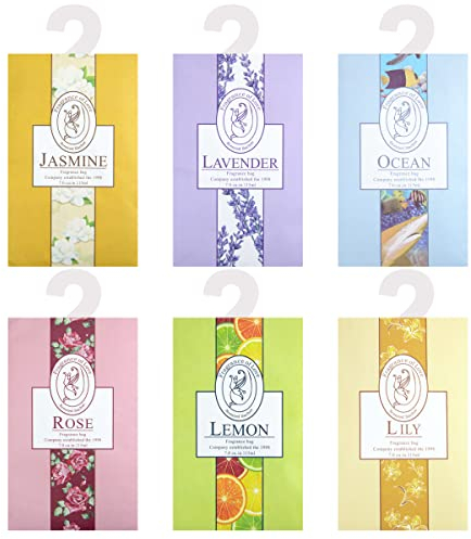 Fragrance Sachet Bags, Pack of 6, Natural Moth Repellent, Lavender Bags, Wardrobe Fresheners Hanging for Drawers Closets, Rooms, Wardrobes, Bathrooms,Cars(Jasmine, Rose, Lavender, Lily, Ocean,lemon)