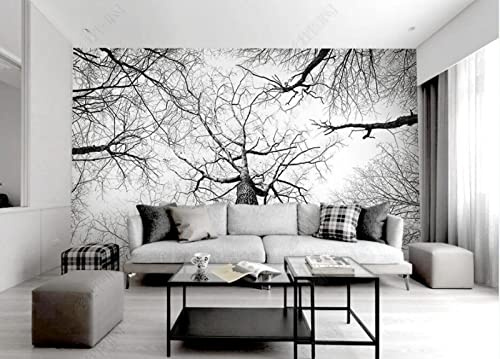 Papier Peint Panoramique Noir Et Blanc Paysage Branches Ciel Papier Peint Intissé 3D Murale Tableaux Muraux Tapisserie Salon Chambre