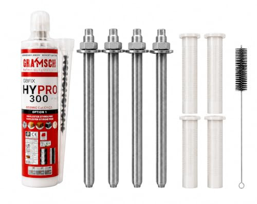 Schwerlastbefestigung SET M6x110mm VERZINKTER STAHL 5.8 Verbundmörtel Hypro 300 ml + 4 Gewindestangen + 4 Siebhülsen 12x80mm + Zylinderbürste/Klebeanker Ankerstangen