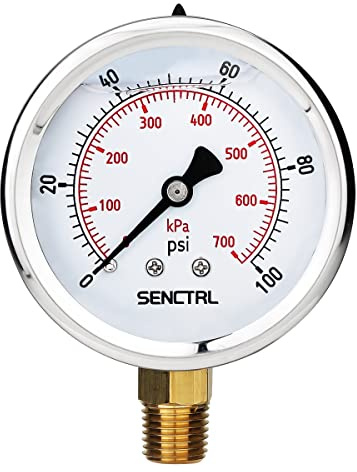 SENCTRL 0-100 Psi Glycerin Liquid Filled Low Pressure Gauge, 2.5 Dial Size, 1/4 NPT Lower Mount, Stainless Steel Case, for Water Pump, Pneumatic Air, Well, RV Hose, Tank, Gas Pressure Test