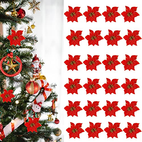CZlinOduMMX 24 Pièces Fleur de Noël Poinsettia Fleur de Simulation de Noël Fleur de Noel Fleurs de Poinsettia Glitter Artificielles Fleurs pour Sapin de Noël pour Décorations de Noël de Noce (Rouge)