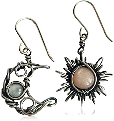 Antiqued Silver Sun Moon Earrings for Women, Bohemian Celestial Moonstone Dangle Earrings, Handmade Vintage Drop Earrings, Boho Gothic Jewelry Gifts for Birthday Christmas Mother's Day