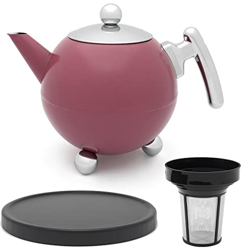 Bredemeijer große doppelwandige Teekanne 1.2 Liter - rosa Edelstahl Kanne & Tee-Filter-Sieb-Aufsatz & schwarzer Holzuntersetzer - ideal für losen Tee