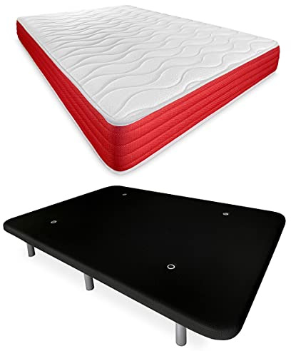 DUÉRMETE ONLINE - Cama Completa con Colchón Lite Reversible + Base Tapizada Reforzada Color Negro con 6 Patas Metálicas Roscadas, 150 x 190