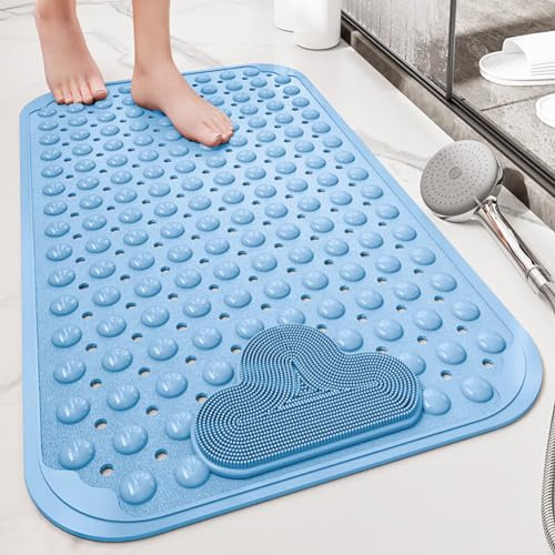 ZAHDMA Duschmatte rutschfest 70x40cm,Antirutschmatte Dusche aus TPE,Blau | mit Fußbürsten-Zone,mit Saugnäpfen,mit Ablauflöchern,Rechteckig