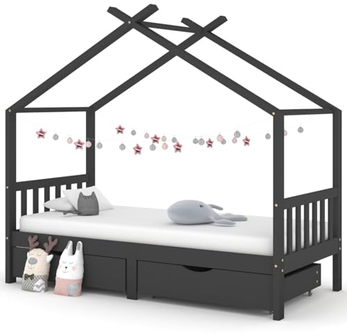 LAPOOH Babybett mit Schublade, Babybett, Hausbett, Baby Bett, Betten,n Dunkelgrau Massivholz Kiefer 90x200cm