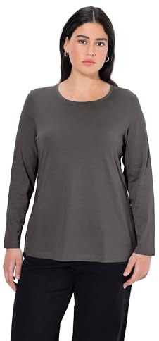 Ulla Popken Damen große Größen Übergrößen Plus Size Shirt, Slim, Rundhalsausschnitt, Langarm Graphitgrau 50+ 646801110-50+