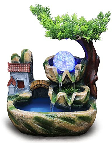 Tischbrunnen zimmerbrunnen,Tischbrunnen mit rollender Kugel Indoor Wasserfall LED Sprayer Harz Tischbrunnen mit Beleuchtung für Schlafzimmer, Wohnzimmer, Büro