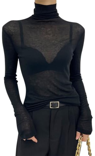 Minetom Hauts Transparents Femme Col Haut T-Shirt À Manches Longues Top Sexy Blouse Sheer Mesh Elastique Col Rond Chemise Tulle pour Soirée Club A Noir M