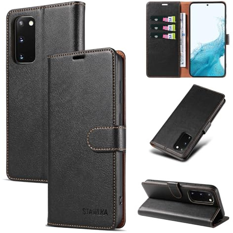 STAWLKA Case for Samsung Galaxy S20, Premium PU Leather Flip Magnetic Buckle Wallet Case Kickstand Blocking RFID Shockproof Protective Phone Cover for Samsung Galaxy S20 - Black