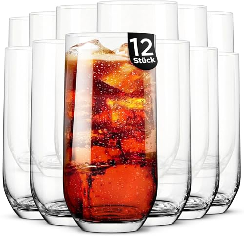 KONZEPT Set di 12 bicchieri trasparenti da 400 ml, ideali per succhi di frutta, cocktail, long drink, caffè freddo, bicchieri alti