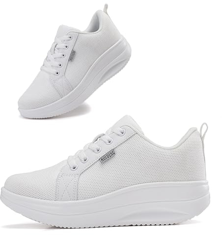 Oude Wedge Sneakers for Women Stylish | Womens Work Shoes for Cashiering | Stylish Standing All Day Rocker Bottom White Size 6.5