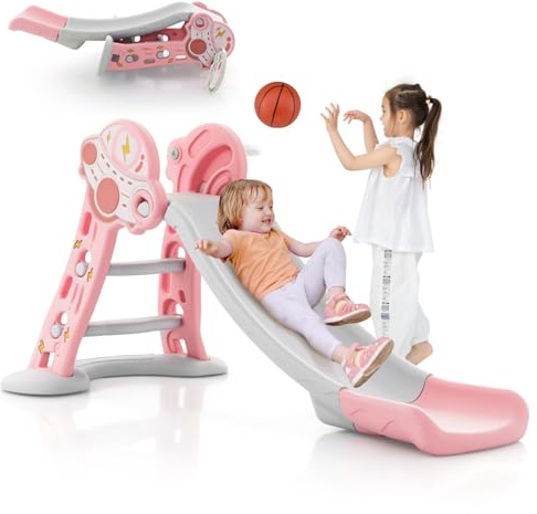 GYMAX Kids Folding Slide, 3 in 1 Freestanding Slides with Basketball Hoop, Safe Buffer Zone and Ball, Outdoor Indoor Toddlers First Slide for 18 Months+ Boys Girls (Pink)