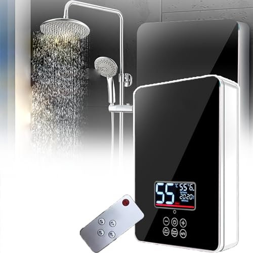QIeAny 6kW Tankless Water Heater,Touch Screen/remote Control,Temperature Control (30~55℃),7 Levels of Temperature Adjustment+6 Key Control,With Shower Set,for Kitchen/Bathroom,B,Black
