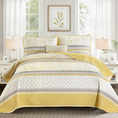 DJY Striped Quilt Set King Size, Yellow Grey Boho Striped Patchwork Leaves Printed Bedspread Coverlet Set 3 Pieces Soft Lightweight Microfiber Quilted Bedding Set for All Season (104x90)