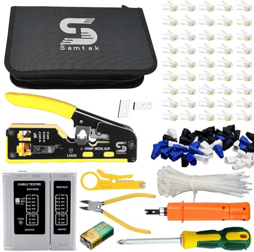 RJ45 Pass Through Crimping Tool Kit Ethernet LAN Cable Tester for Cat5 Cat6 | Ethernet Network Crimper Cutter Stripper for Cat5 Cat5e Cat6 Connectors, Professional LAN Installation Repair Tool set