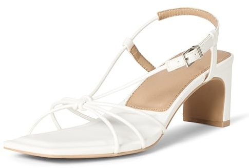 Amazon Essentials Women's Strappy Block Heel Sandals, White Faux Leather, 6 UK