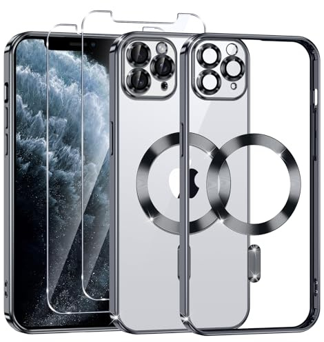 Phoona Cover Placcatura per iPhone 11 Pro Max 6,5 Pollici, Obiettivo per Fotocamera Protezione Completa e 2 × vetro temperato, Compatibile con MagSafe Ricarica Wireless, Protezione Militare, Nero