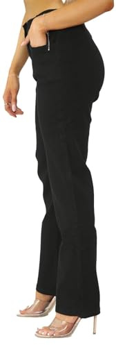 UK Dispatch Womens Side Elastic Waist Jeans Straight Leg Regular Fit Short 27 Leg Petite,12,Black