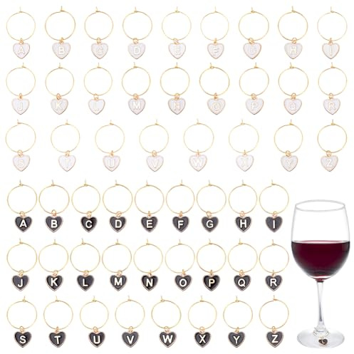 WEBEEDY 52 Pcs Heart Letter Wine Glass Charms Markers Enamel Wine Charms for Stem Glasses Unique Wine Glass Identifiers Drink Charm for Champagne Cocktail Goblet Parties Wedding Dinner (Black,White)