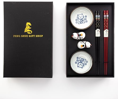 Premium Chopstick Set – 2 Ceramic Dishes, 2 Bamboo Chopsticks, 2 Ceramic Holders – Elegant Gift Box for Sushi, Ramen & Asian Cuisine (Lucky Cat)