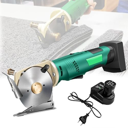 Cortador giratorio de tela, mini cortador eléctrico inalámbrico, grosor máximo de corte de 3,3 cm, incluye 2 baterías, cuchillas redondas de 90 mm de diámetro, ideal para alfombras y cuero