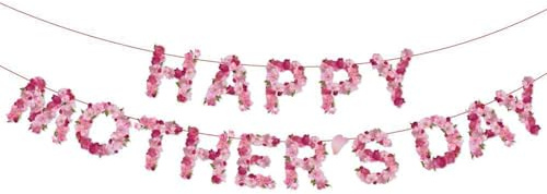 Happy Mother's Day Banner – Pink Floral Bunting Garland with DIY Ribbon for Photo Booth Backdrop, Party Decorations & Family Celebrations
