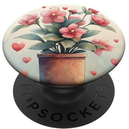 Plante hellébore en pot avec cœurs autour de style bohème graphique PopSockets PopGrip Adhésif