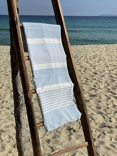 VANNERIE DU MONDE Fouta tunisina - Asciugamano da spiaggia - Hammam, Pareo - 100 x 200 cm Arthur azzurro cielo/bianco - leggero - assorbente - 100% cotone