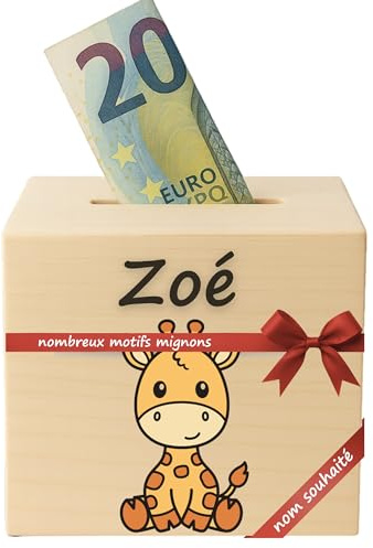 DEschenk Spardose personalisiert aus Holz – Spardose Kinder personalisiert, Sparschwein Baby als Geschenkidee, perfekte Kinderzimmer Dekoration für Jungen und Mädchen (Giraffe)