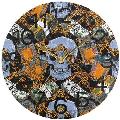 Kutsu Scale Skulls Wall Clock Silent Non Ticking, Battery Operated Round Clock 10 Inch for Home Bedroom Living Room Kitchen Office School Classroom, Gold