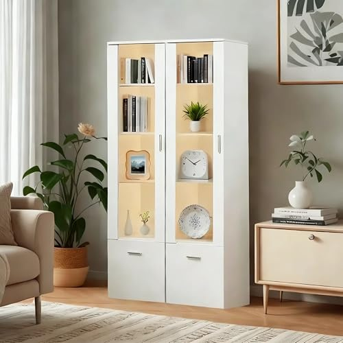 Joiemebi Vitrine LED avec Porte et Etagères en Verre, Lumières Armoire à Meuble de Rangement pour Salon Bureau, 42 x 30 x 160 cm (2, Blanc)