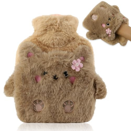 Lvjkes Bolsa agua caliente, 500ML Bolsa agua caliente peluche con tapa, Bolsas agua caliente niñose, Extraíble para su limpieza, Prueba de explosiones y fugas, Apta para niños y adultos (Oso)