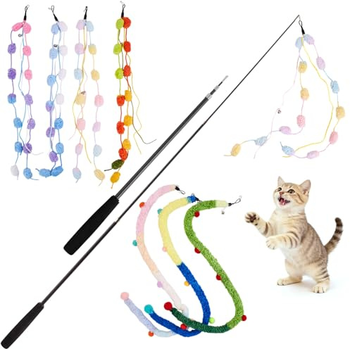PATTEPOINT Katzenangel Lang 9tlg, Katzenspielzeug Angel mit 7 Plüschbälle Band Bunt für Katzen und 2 Katzenangel Stabile 98cm Teleskopisch, Cat Toys für Kitten und Katzen, 7tlg&2stange