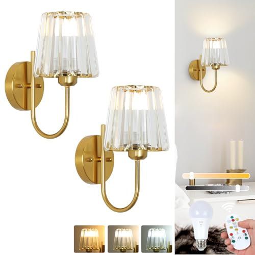 Stepeak Rechargeable Wall Lights Set of 2, Battery Operated Wall Lights with USB Bulb & Remote, Gold Battery Operated Wall Sconces with Crystal Shade, Glass Wireless Wall Lamp Indoor for Bedroom
