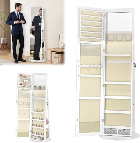 ACXIN Drehbarer Schmuckschrank mit LED Beleuchtung Make Up Organizer Standspiegel Ganzkörperspiegel Schmuckaufbewahrung Schrank für Ringe Halsketten Armbänder, Weiß