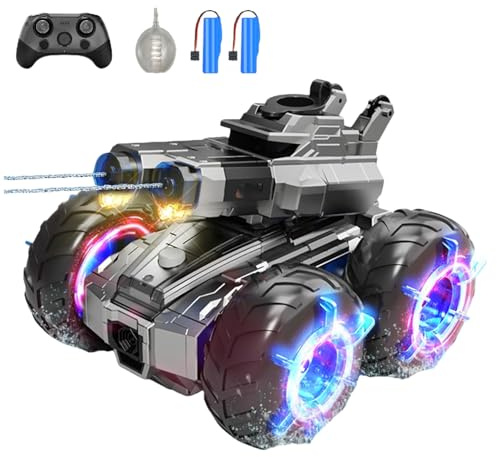 funnykid Coche teledirigido anfibio 3 en 1 con cañones de agua, cascadas de 360°, ruedas LED, carga tipo C, vehículo todo terreno para agua y tierra, juguete de vehículo RC para niños a partir de 6