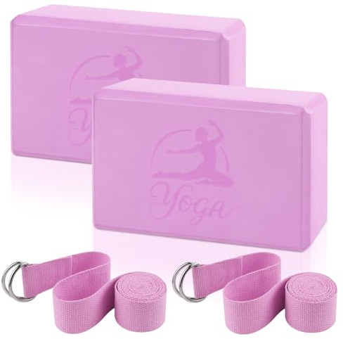 2 Yoga Block und 2 Yoga Strap Set, rutschfeste EVA Schaumstoffblöcke, High Density Yogas Bricks mit 6ft Strap, unterstützendes Latex-freies Yogas Block Zubehör für Pilates