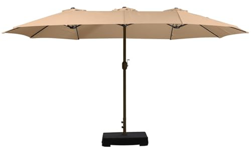 COWVIE 4.5M Double-Sided Patio Umbrella with Base Stand, Outdoor Market Umbrella for Dining Table, Khaki