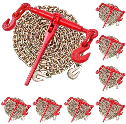 VEVOR Tenditore a Cricchetto con Catena di Ancoraggio G80 da 10 mm x 3 m, 8 pezzi, Carico max. 4173 kg, Ancoraggi per Catene di Trasporto, per Fissaggio di Carichi, Trasporto, Rimorchio