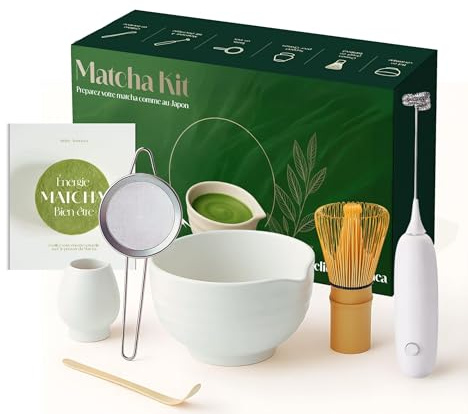 atelier armonea Matcha Kit, Complet 7 Pieces, Fouet Bambou, Bol à Bec Verseur, Tamis, Baguette Japonaise, mousseur Electrique, Support, Ebook Offert, Ensemble Coffret Ceremonie, Idée Cadeau Premium
