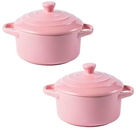 Set di 2 Mini pentole in Ceramica per casseruole, pentole per zuppa Adatte al Forno con Coperchio, Ideali per zuppe, stufati e contorni (Rosa)