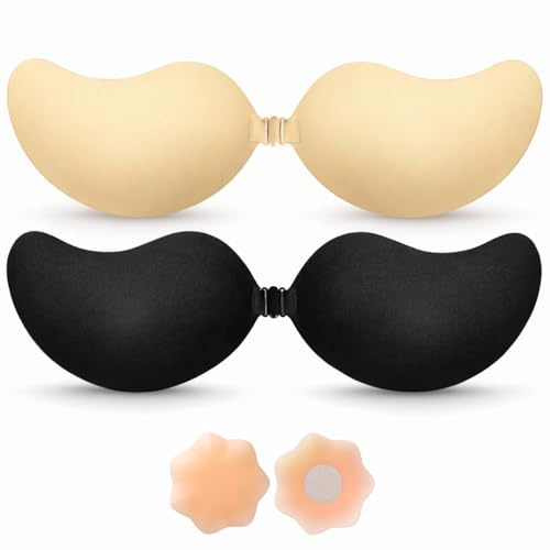 BLOOMORA Självhäftande Push Up-behå – 2 Par Silikonbehåar med Klämmor + Självhäftande Bröstvårtsskydd, Svart & Beige - Koppa A-D, A