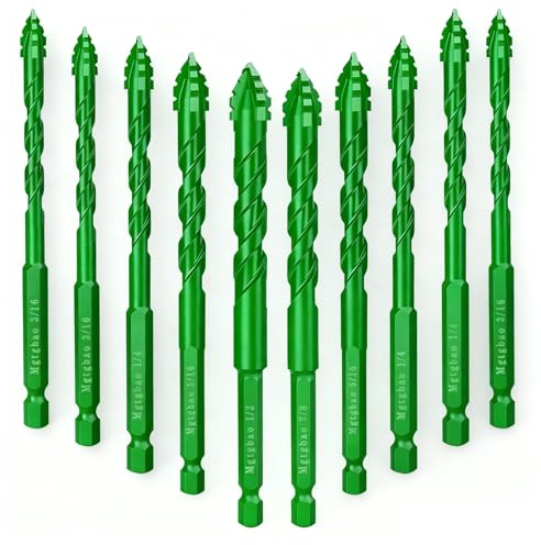 Mgtgbao 10PC Green Upgraded 4-Flute Serrated Carbide Masonry Drill Bit Set, Serrated Concrete Drill Bit for Plastic Glass Brick Cement Tile Marble Wood (3/16”-1/2”).