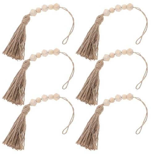 GARVALON Borlas de Cuentas de Madera Rústicas 30 Cm Hechas a Mano, Cuerda de Algodón Natural, Decoración Bohemia para Puertas y Armarios, 6 Unidades para Adornos Colgantes de Hogar