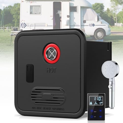 55,000 BTU RV Hot Water Heater, 3.9 GPM Electric Tankless Water Tank, 12V DC Propane on Demand Hot Water Heater, Instant Heating with Remote Controller, For Camper, Motorhome WithShowerHead-Black
