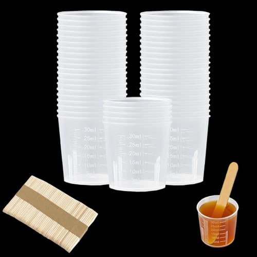 PacuM 50 Piezas Vasos Medidores Pequeños 30 Ml con Escala de Volumen Tamaño de Laboratorio en PP Vaso Medidor Con 50 Palo Madera y 3 Guantes para Repostería Mezcla Pintura